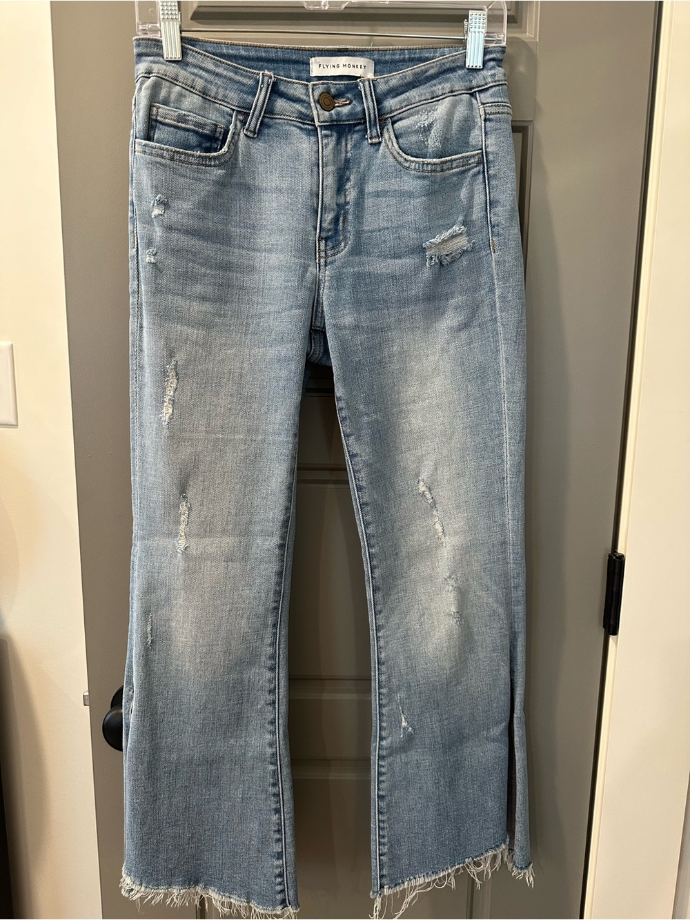 Flying Monkey Washed Light Blue Frayed Hem Flare Jeans